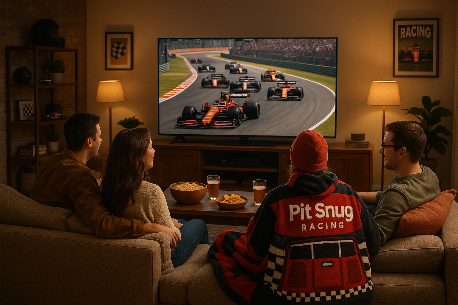 people relaxing with friends on a sofa with one of my products watching the F1